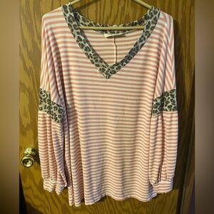 Pink Striped V-Neck Top with Leopard Details